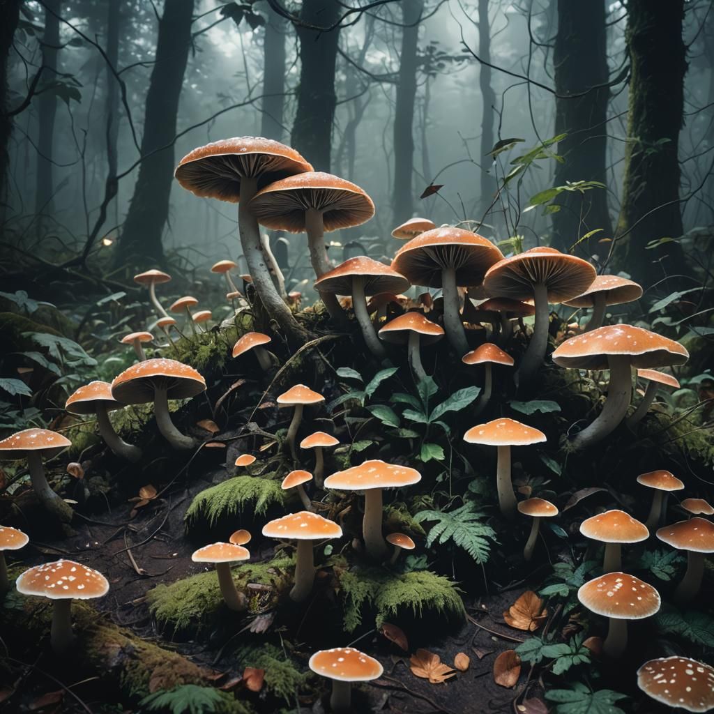 Bioluminescent Fungi in Eerie Forest: Dark Fantasy Art