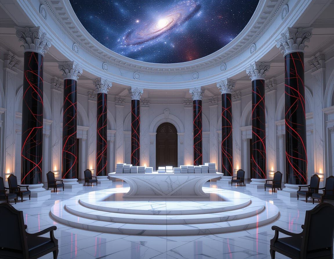 Grand Marble Hall with Obsidian Columns and Cosmic Ceiling