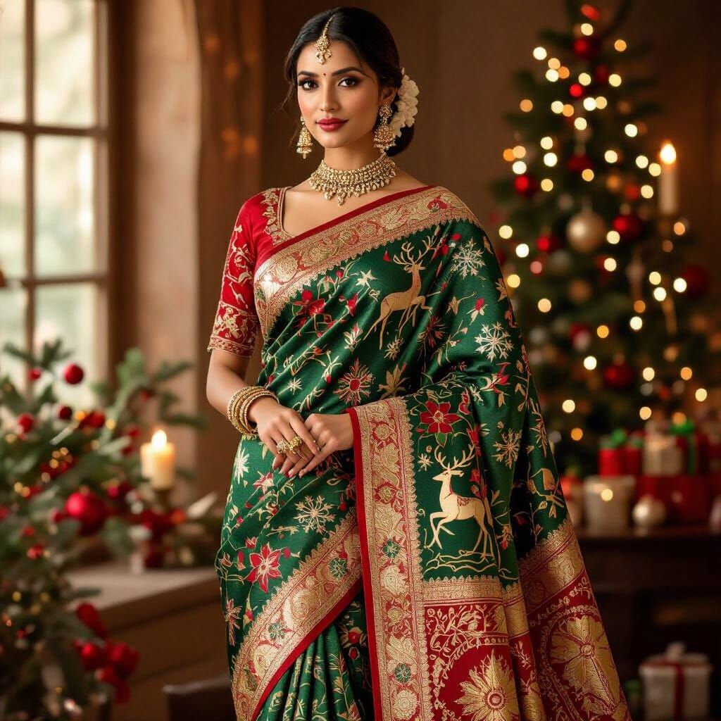 Indian Woman in Festive Christmas Saree
