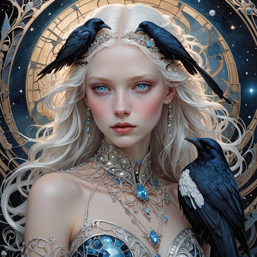 Art Nouveau Albino Supermodel with Raven Under Comet