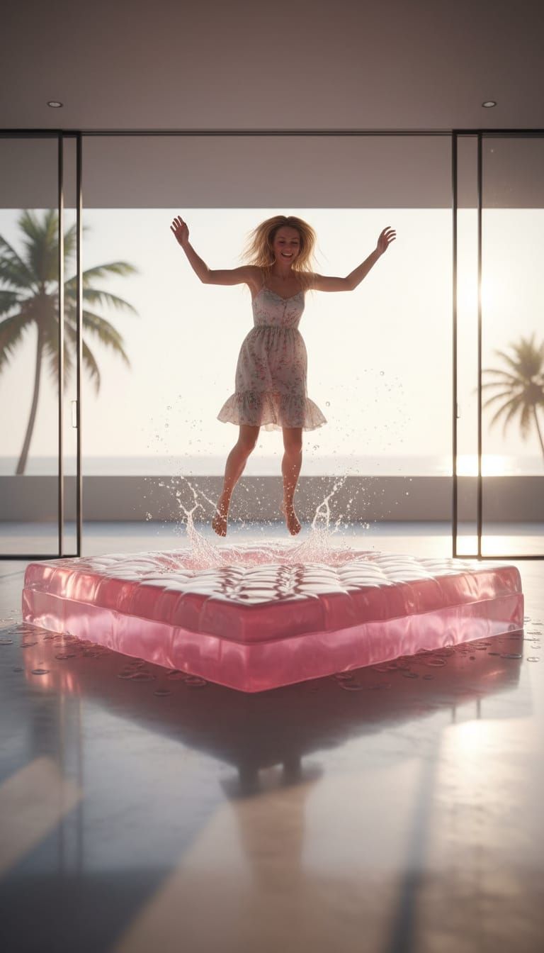 Woman Bounces on Pink Jelly Mattress, Hyperrealistic Cinemat...