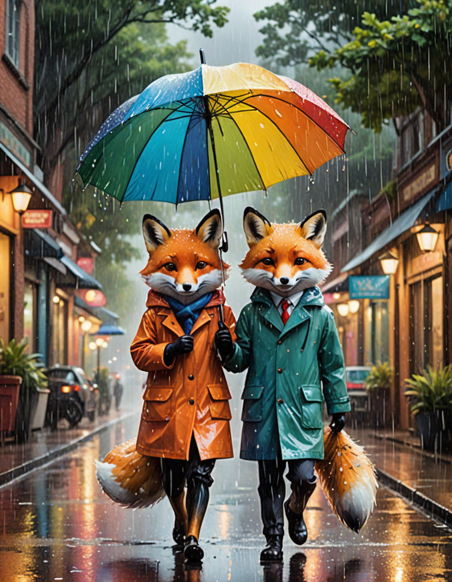Rainy Day Whimsy with Foxes Under a Rainbow Umbrella