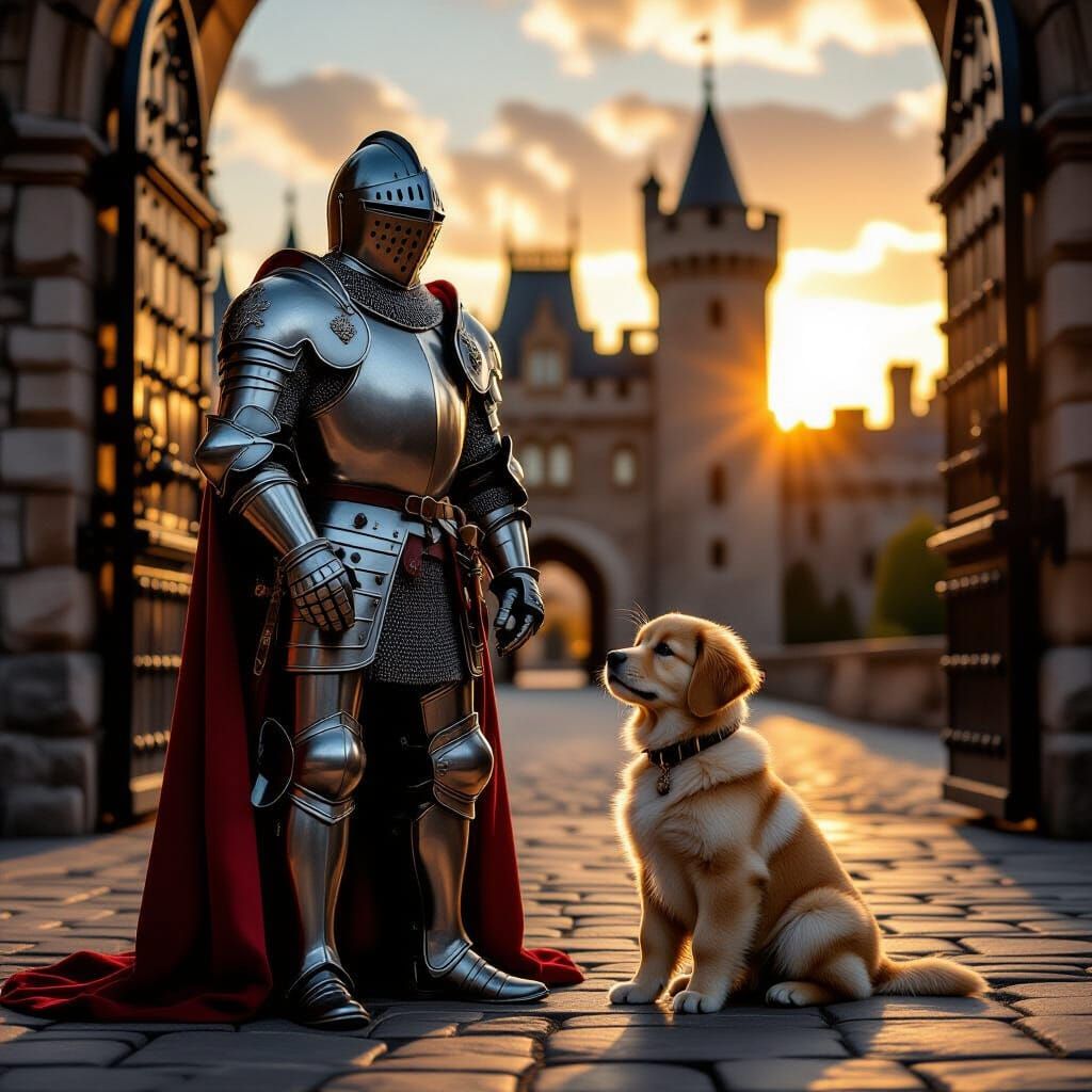 Medieval Knight and Golden Retriever at Castle Gate at Sunse...