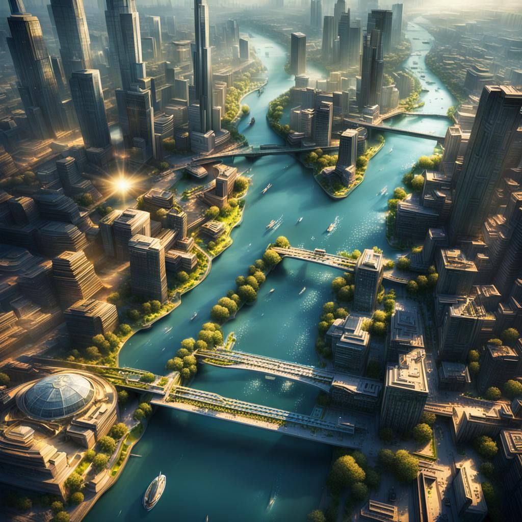 Futuristic Cityscape with Waterways in Soft Sunlight