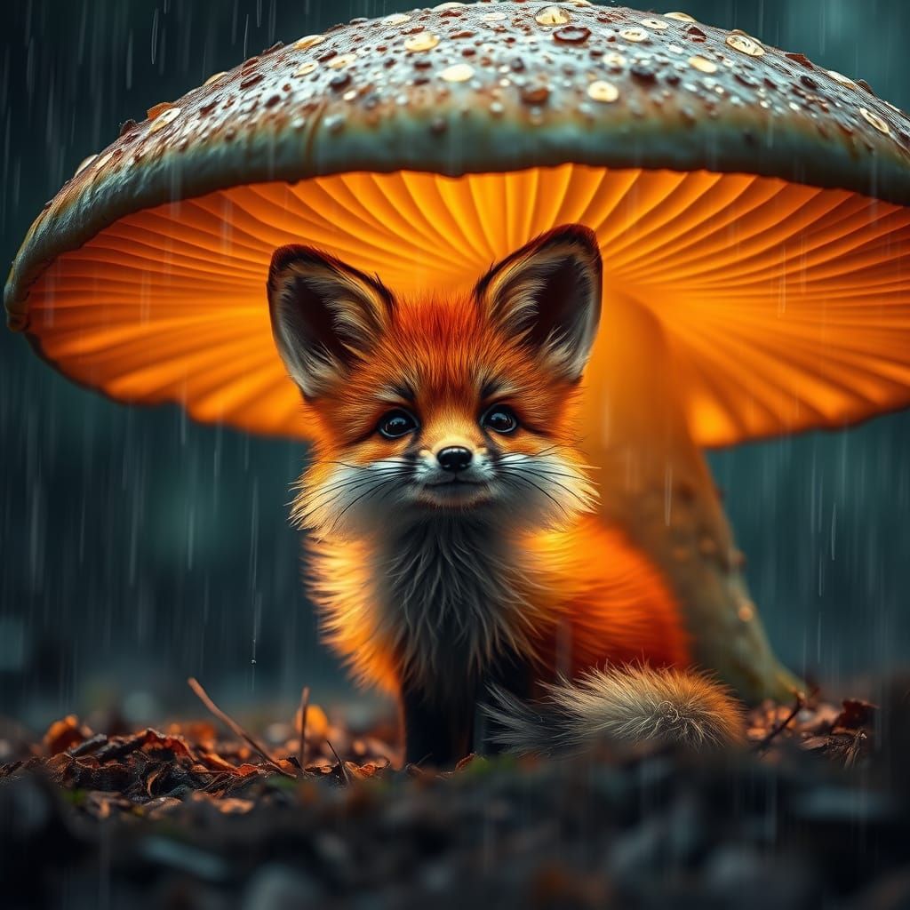Petit renard sous un champignon