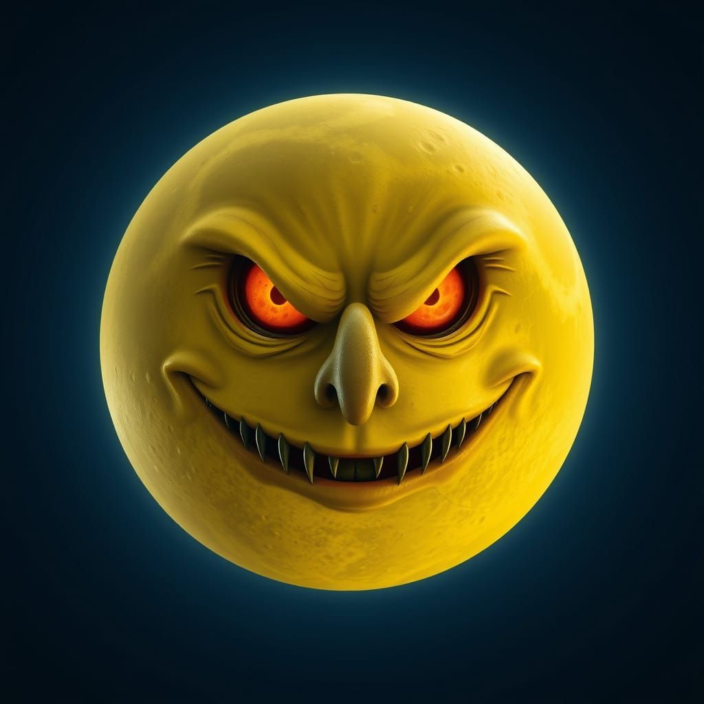 Surreal Yellow Moon Portrays Mischief on a Deep Blue Backgro...