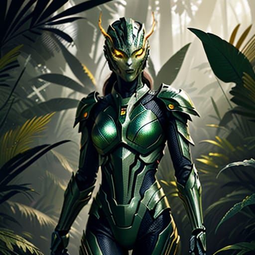 Cybernetic Predator Goddess Emerges from Jungle Shadows