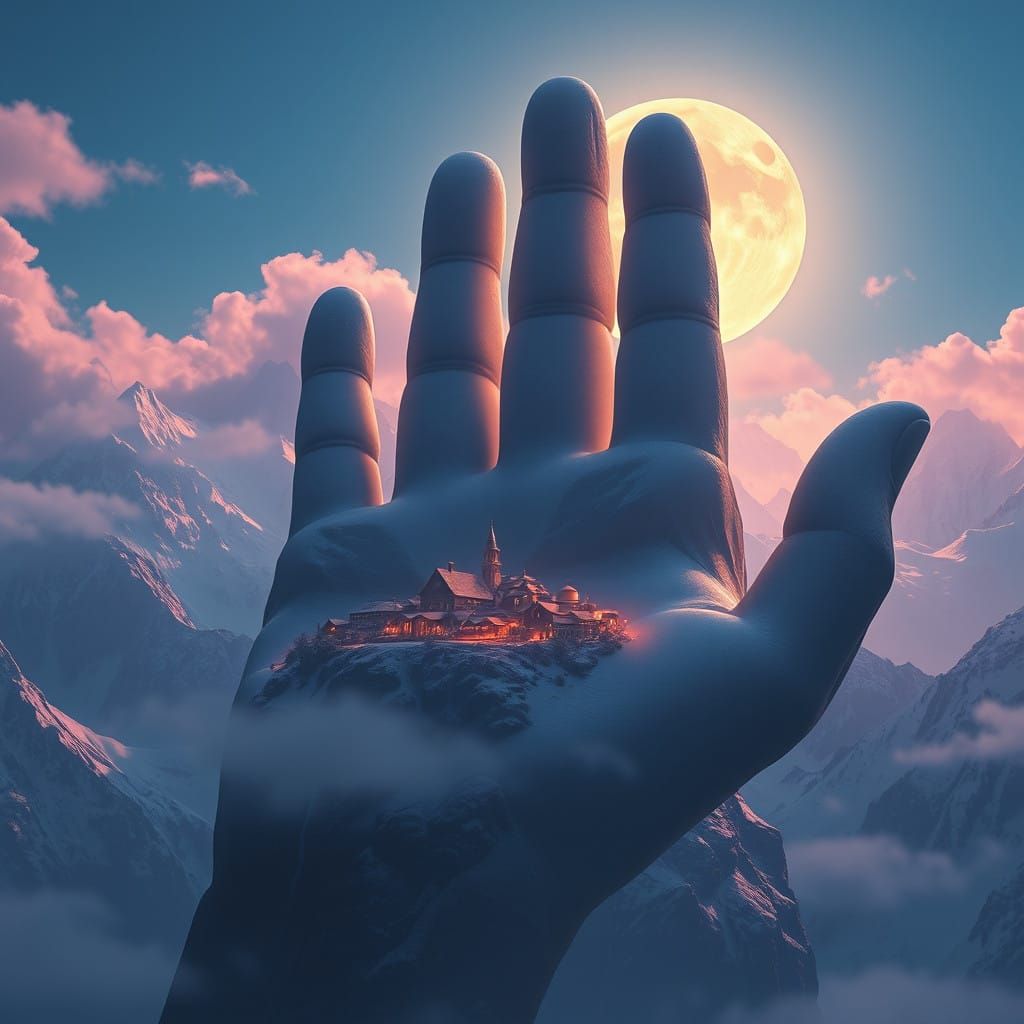 Divine Hand Cradles Mountain Range in Ethereal Glow