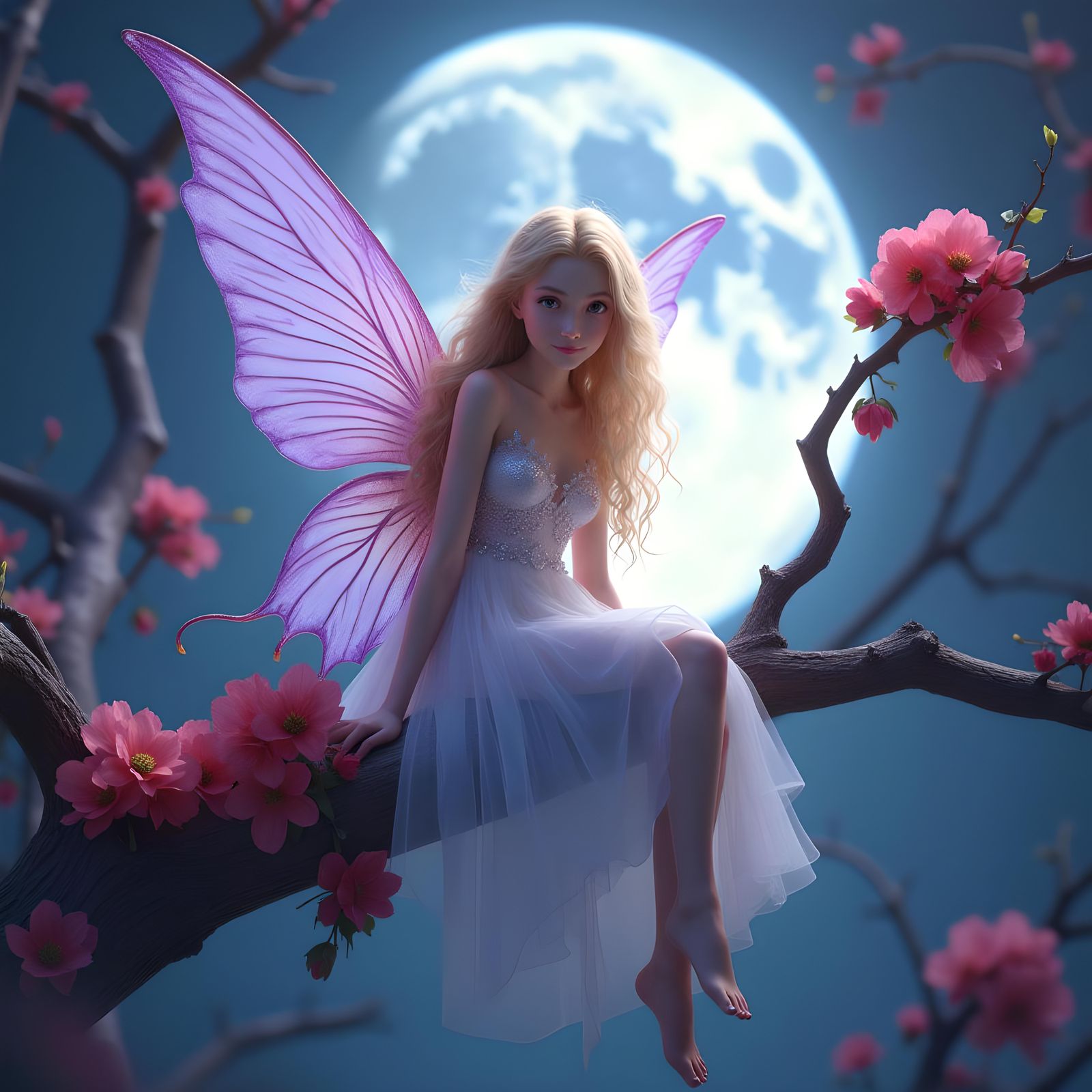 Fairy with Butterfly Wings in Moonlit Scene