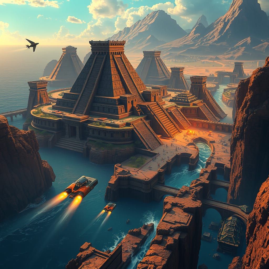 Futuristic Aztec Cityscape in Matte Painting Style
