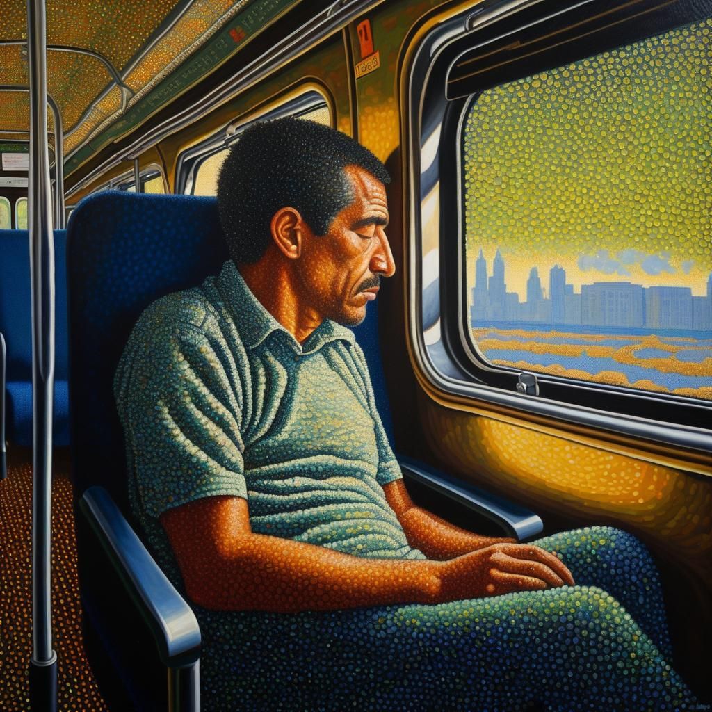 Pointillist Painting of Tired Commuter on Train