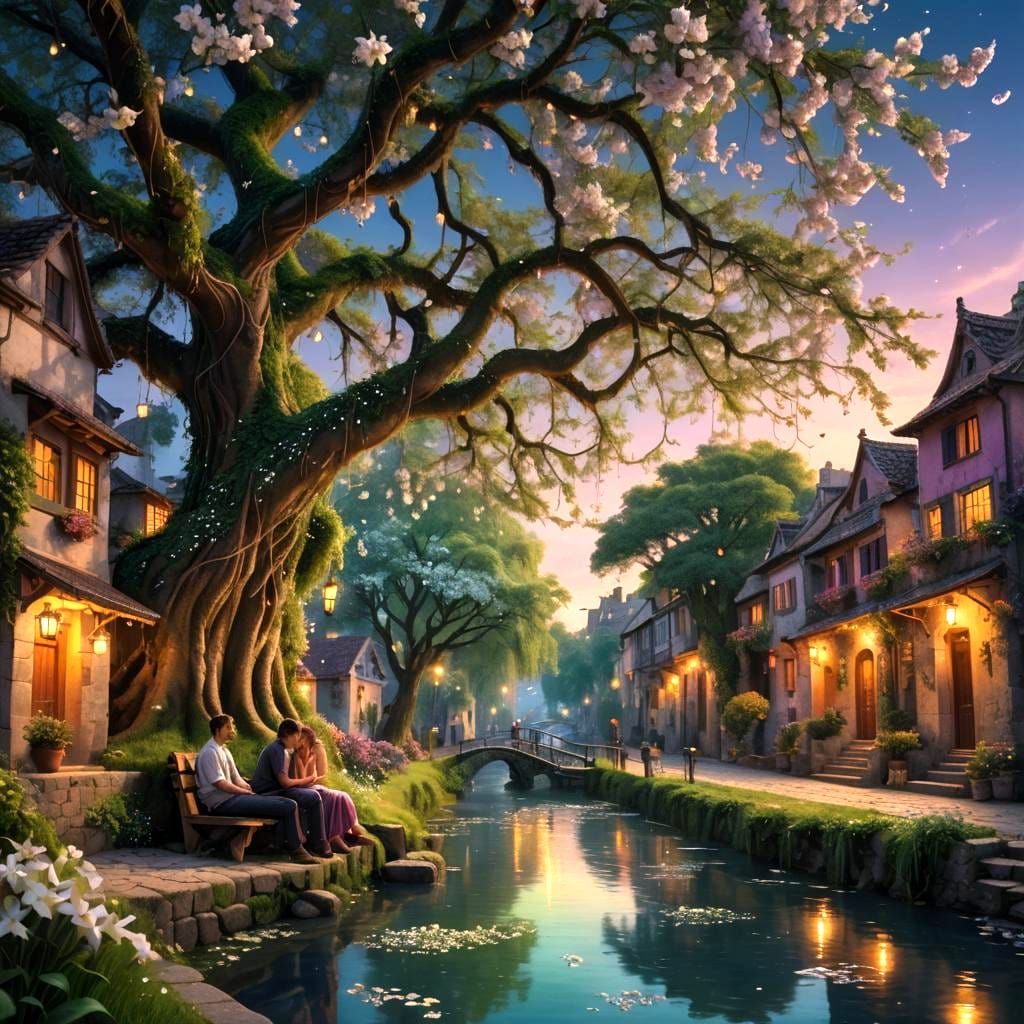 Scenic River Village with Waterfalls: Fantasy Concept Art