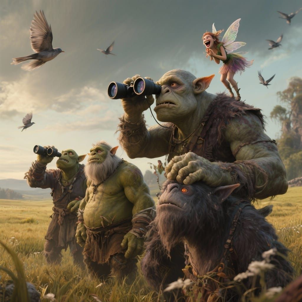 Fantasy Creatures Bird Watching in a Field