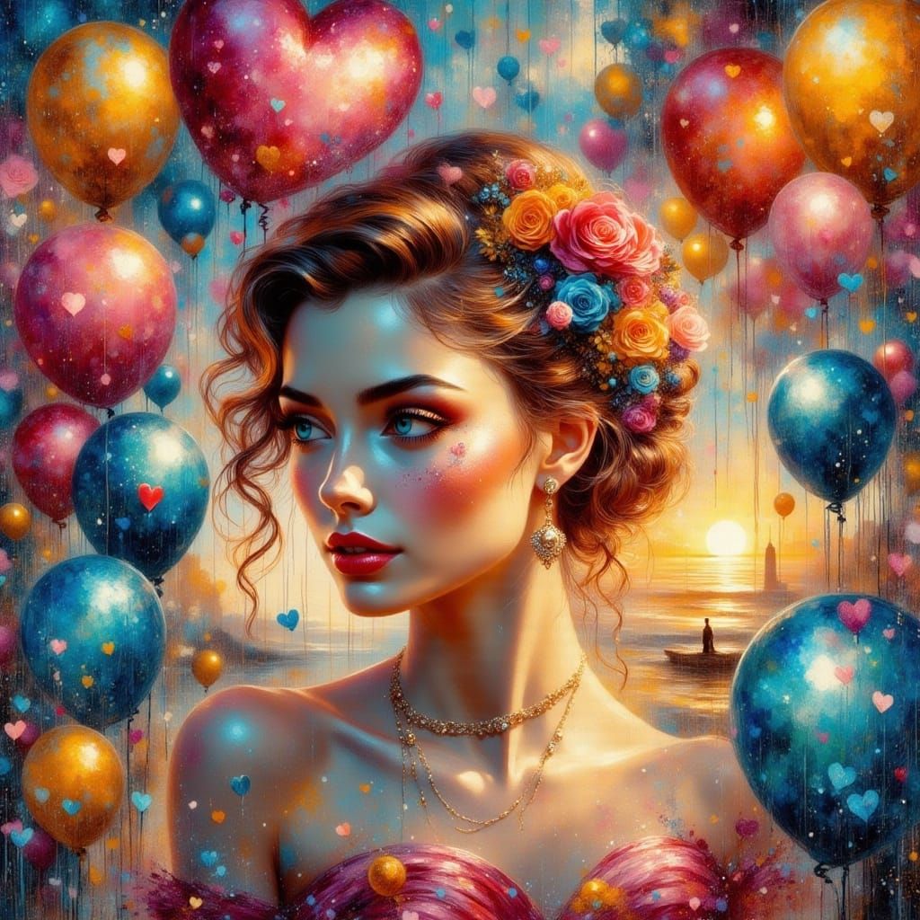 Elegant Woman Surrounded by Balloons in Hyperrealistic Style