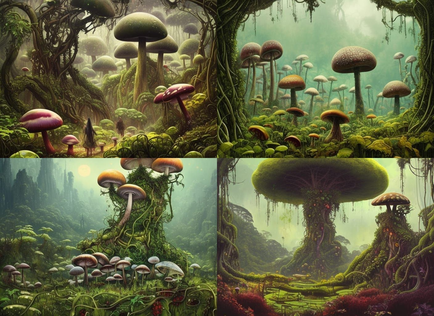 Lush Mushroom Fantasy Landscape in Watercolor Style