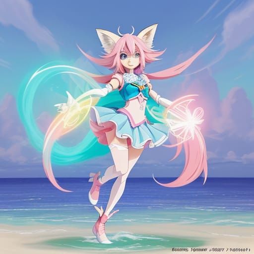 Magical Fox Girl in Beach Outfit with Pastel Hair