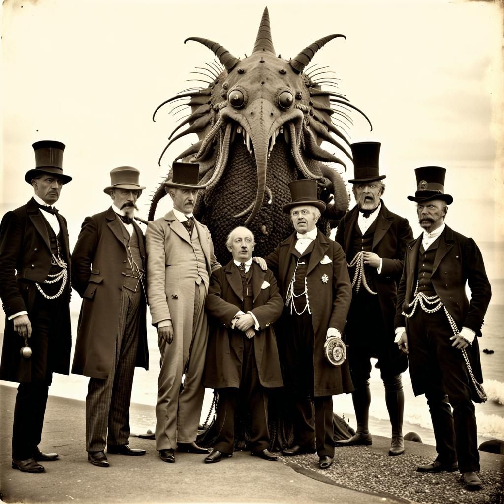 Sepia Photo of Lovecraftian Monster in Brighton, 1900s