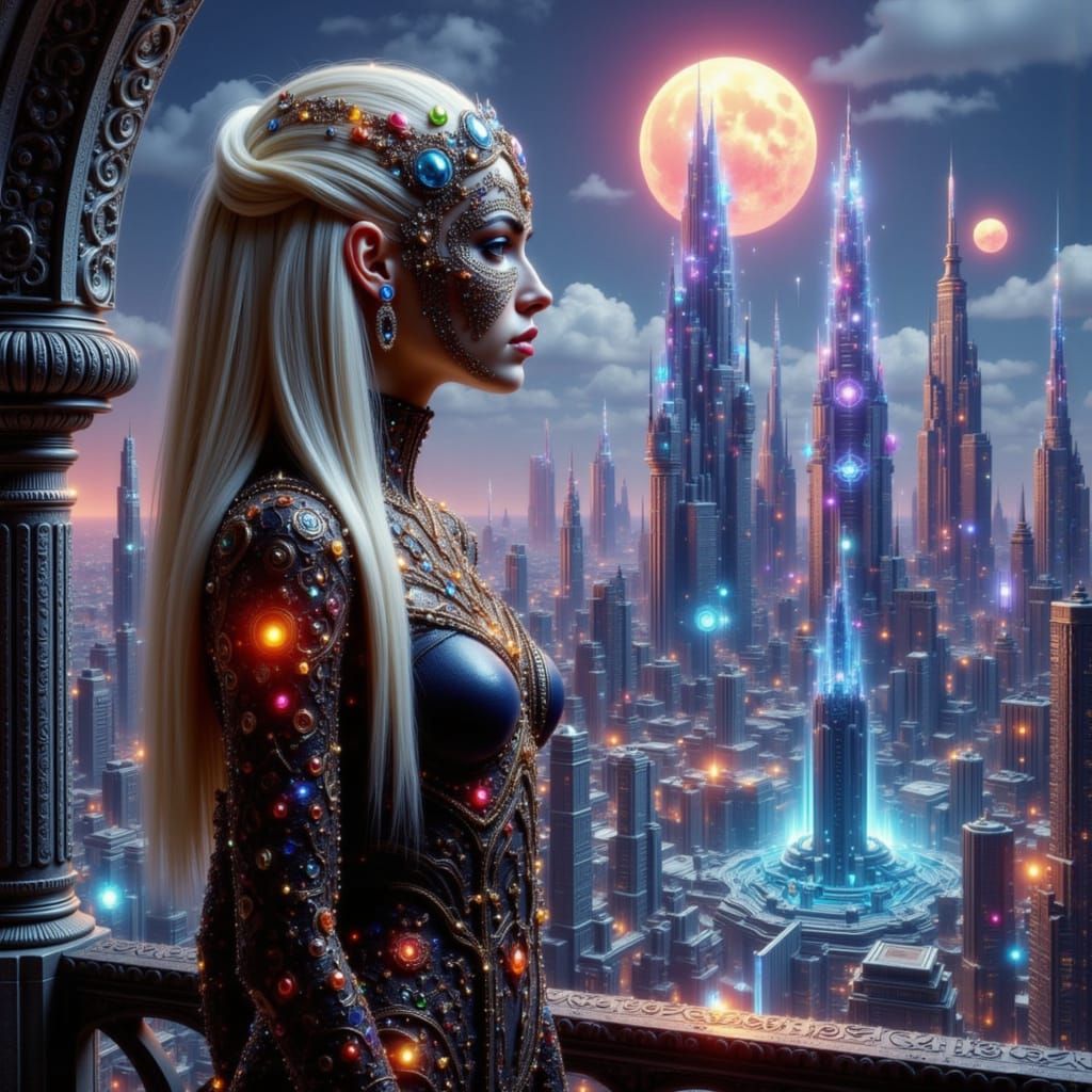 Regal Empress Evdokija Overlooking Futuristic City