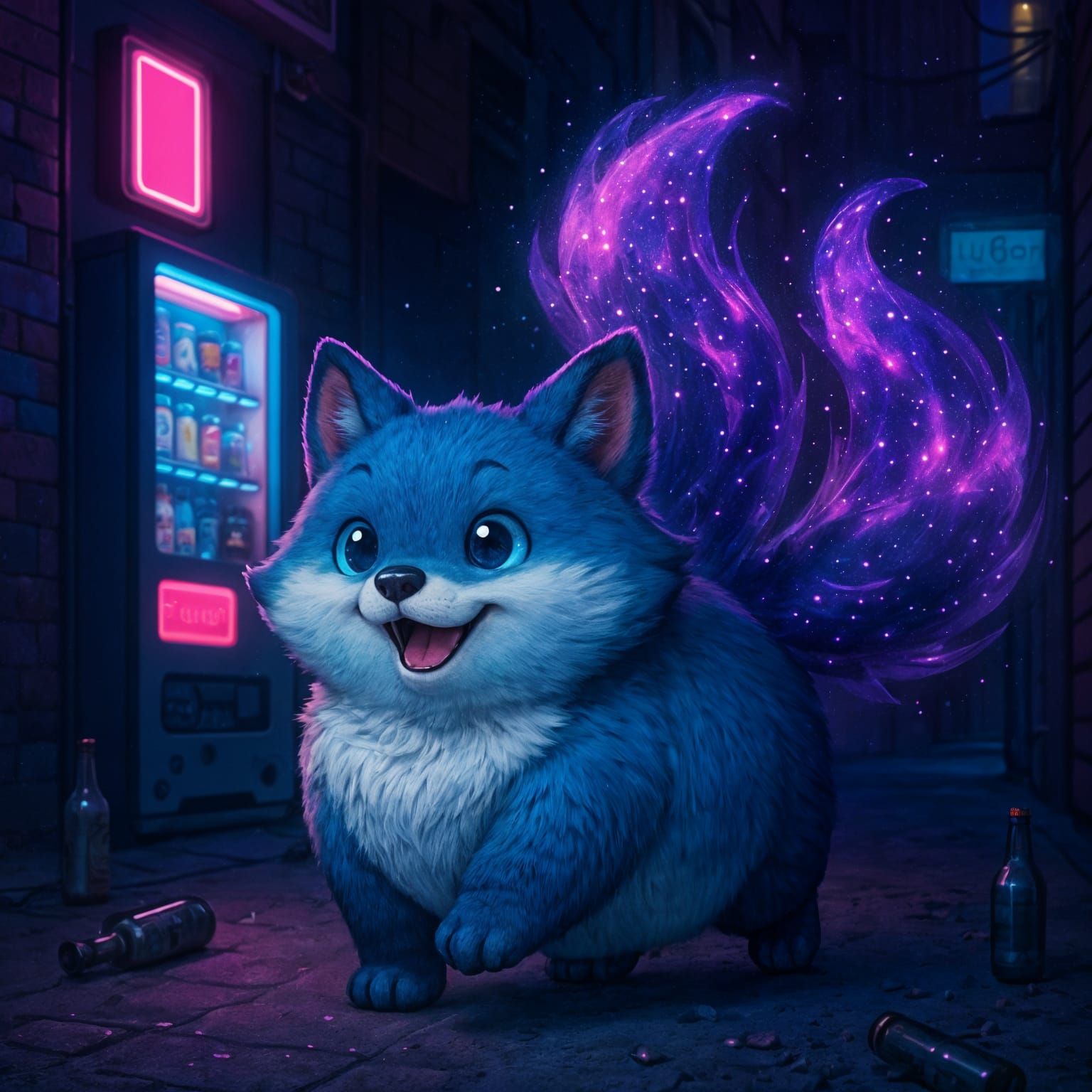 Chubby Cosmic Fox Strolls Neon Alley