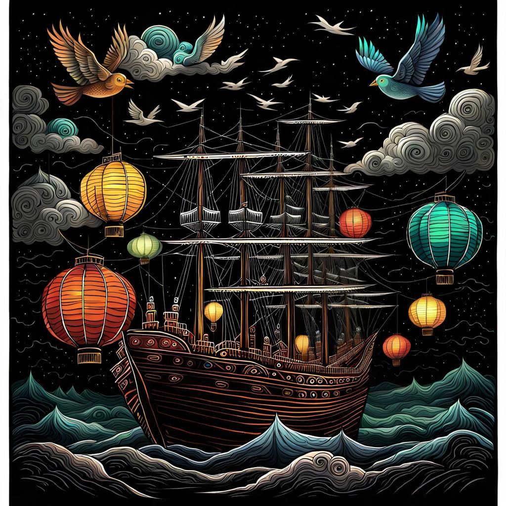 Colorful Lanterns Adorn Ship Mast in Folk Art Style