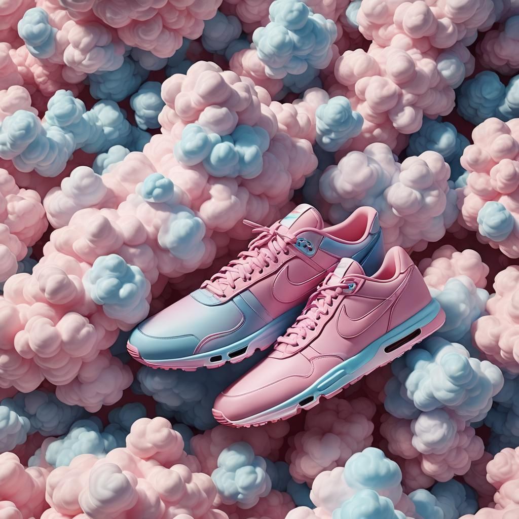 Nike sneaker concept art, (((made out of cotton candy clouds...