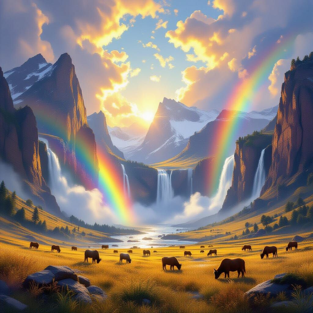 Dramatic Valley with Waterfalls and Rainbows in Hyperrealist...