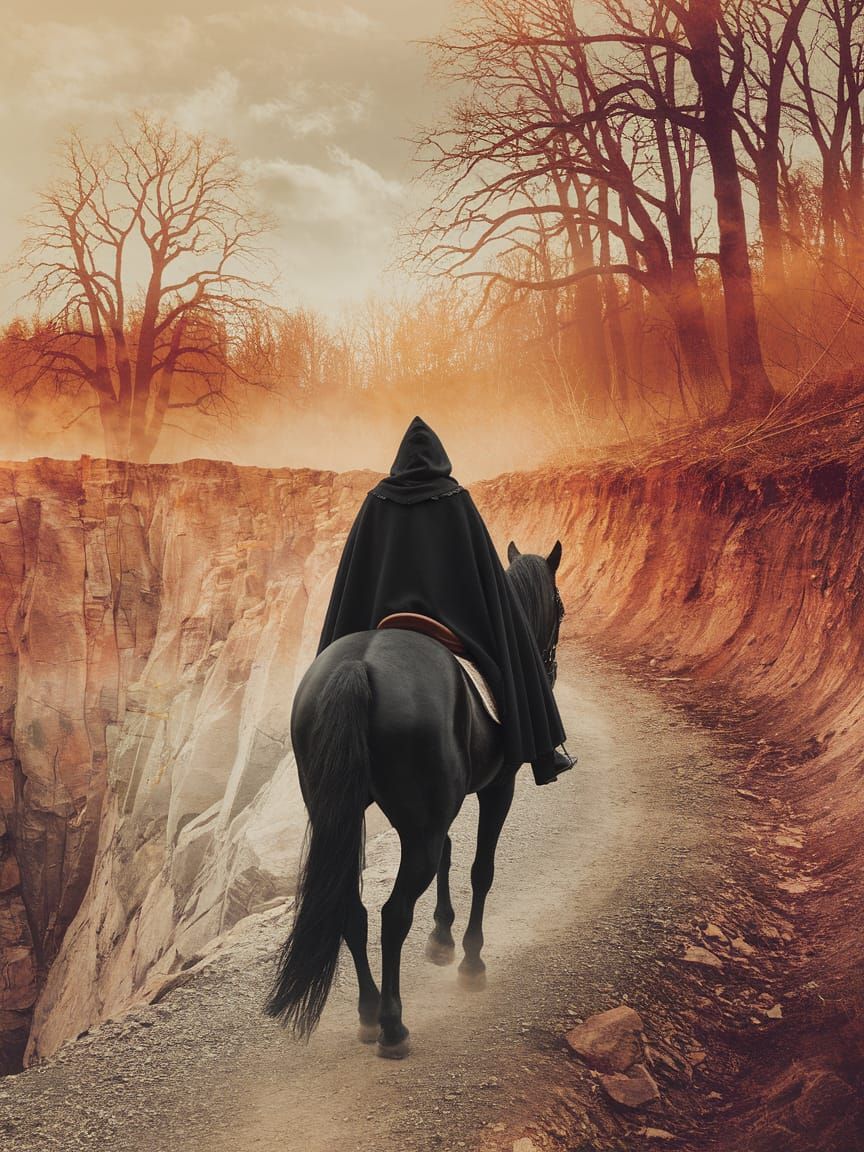 Mysterious Horseman Rides Through a Barren Forest Landscape ...