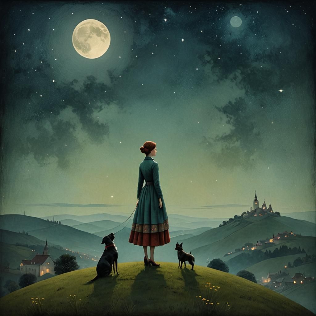 Moonlit Companions: Woman and Dog in Surreal Landscape