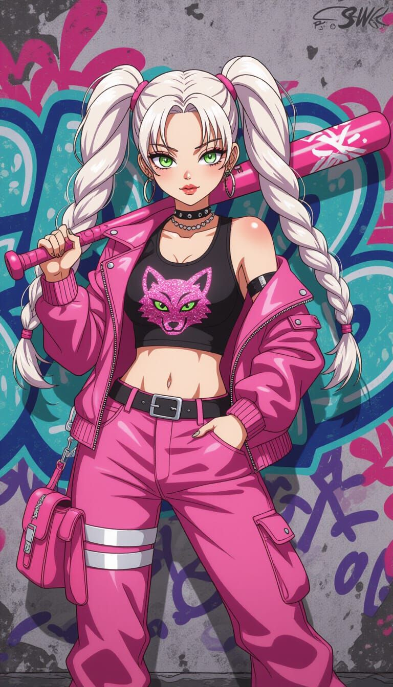 Korean Punk Girl with Spiked Bat in Anime Style