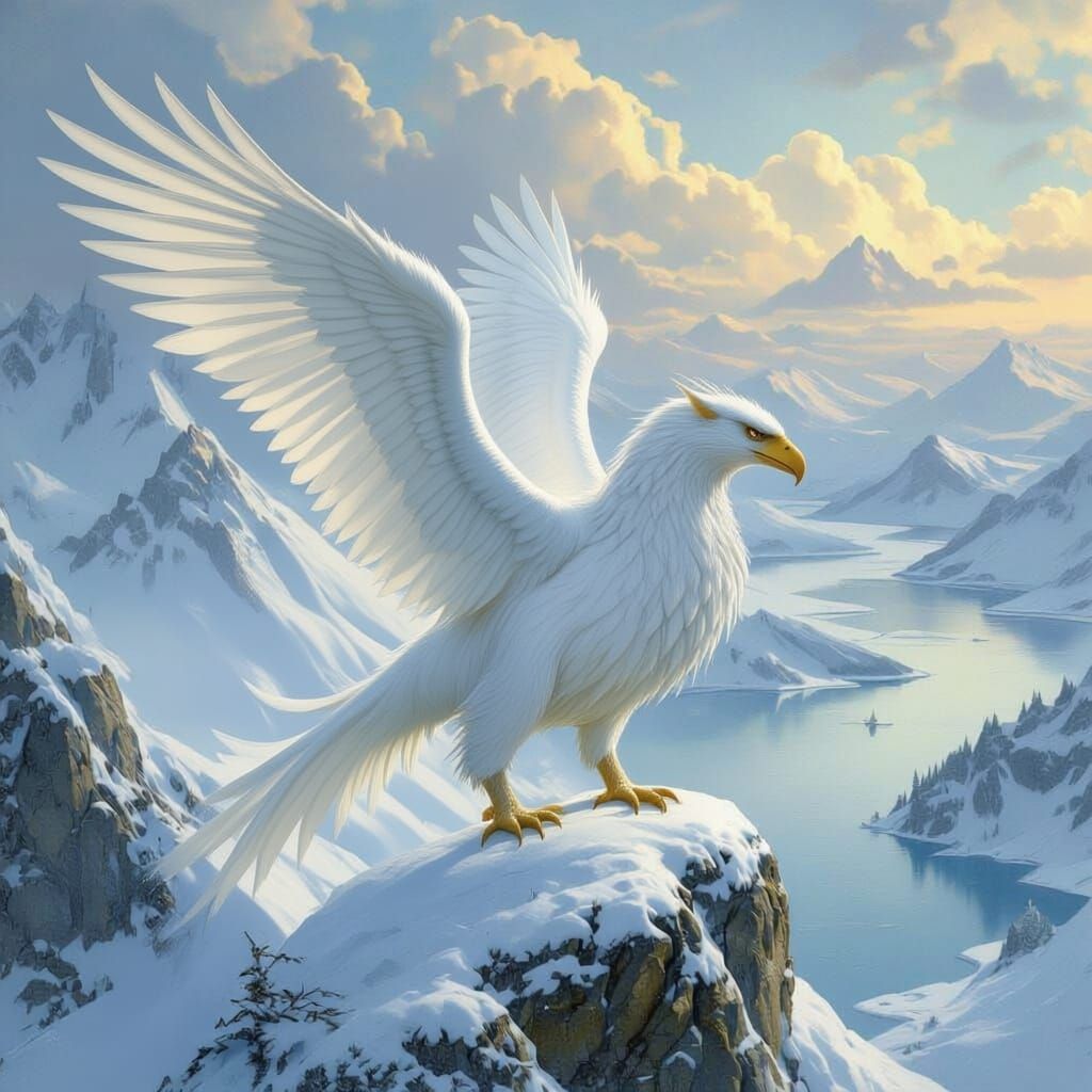 Snowy Griffin Soaring Over Winter Landscape