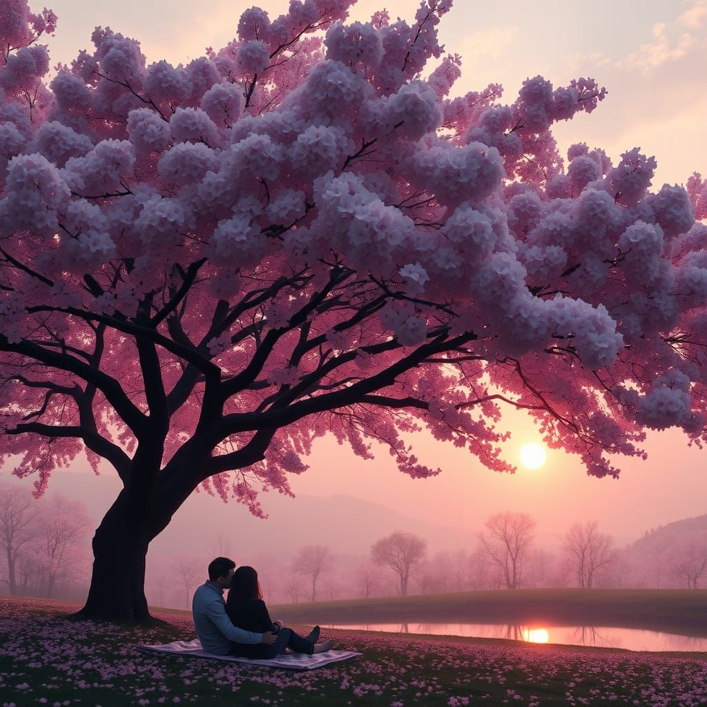 Cherry Blossom Sunset Landscape in Matte Painting Style
