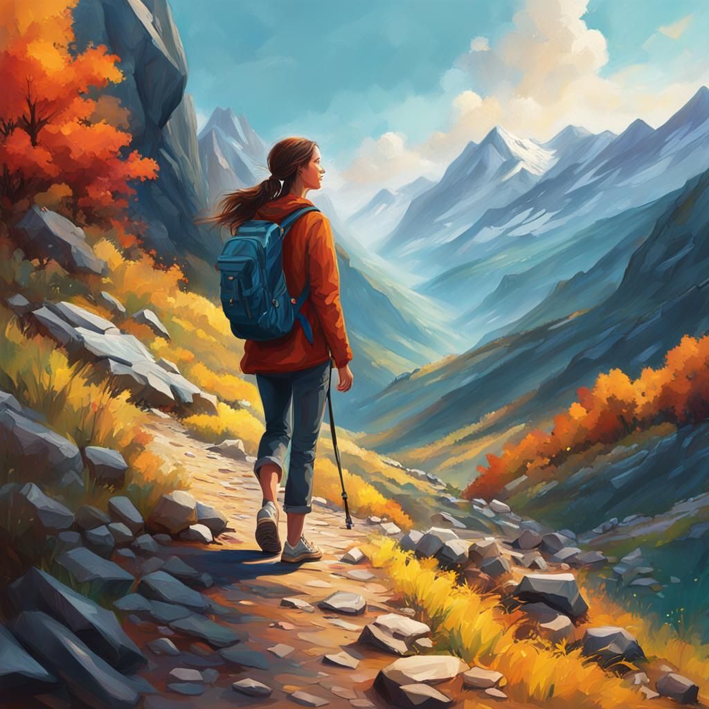 Woman Walks in Mountain Valley: Hyperrealistic Concept Art