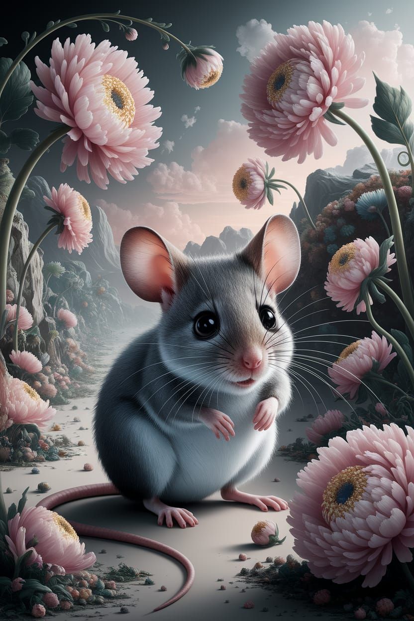 Mouse in Surreal Landscape as Oil Painting