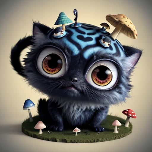 Surreal Mushroom Creature with Chibi Eyes in 3D