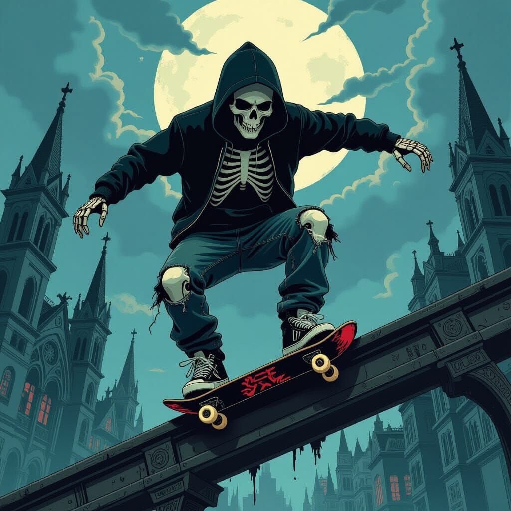 Gothic Horror Skateboarding Poster with Skeleton Grinding