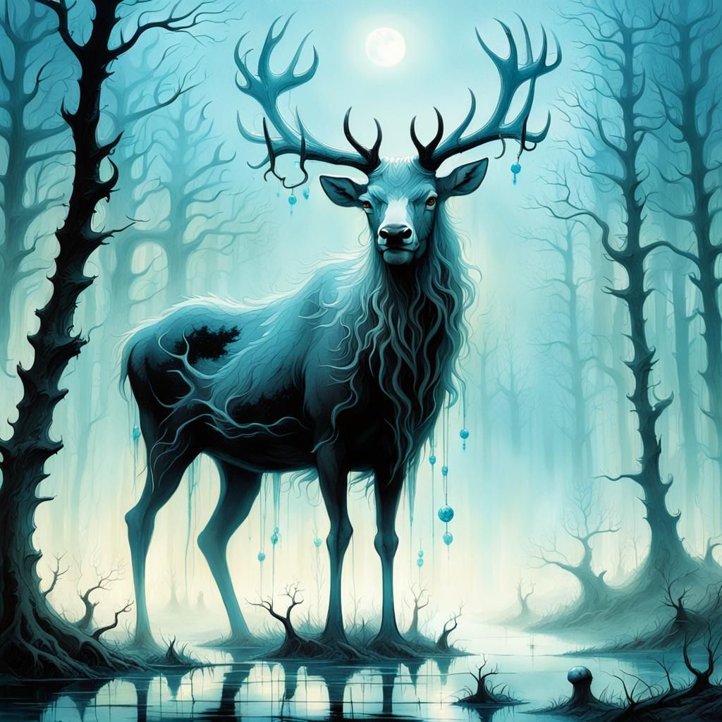 Ethereal Stag in Misty Swamp: Dark Fantasy Art