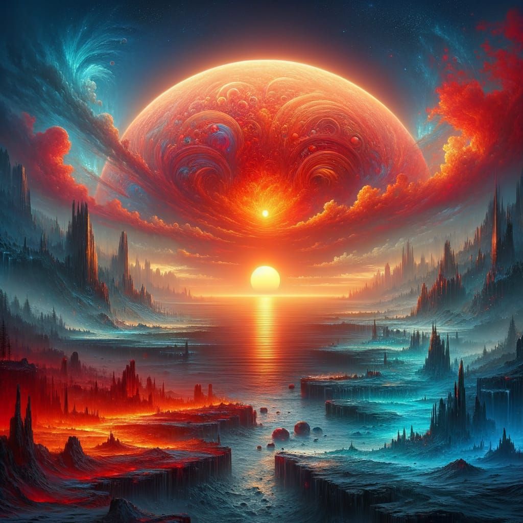 Fiery Sunset Over Calm Sea, Digital Matte Painting