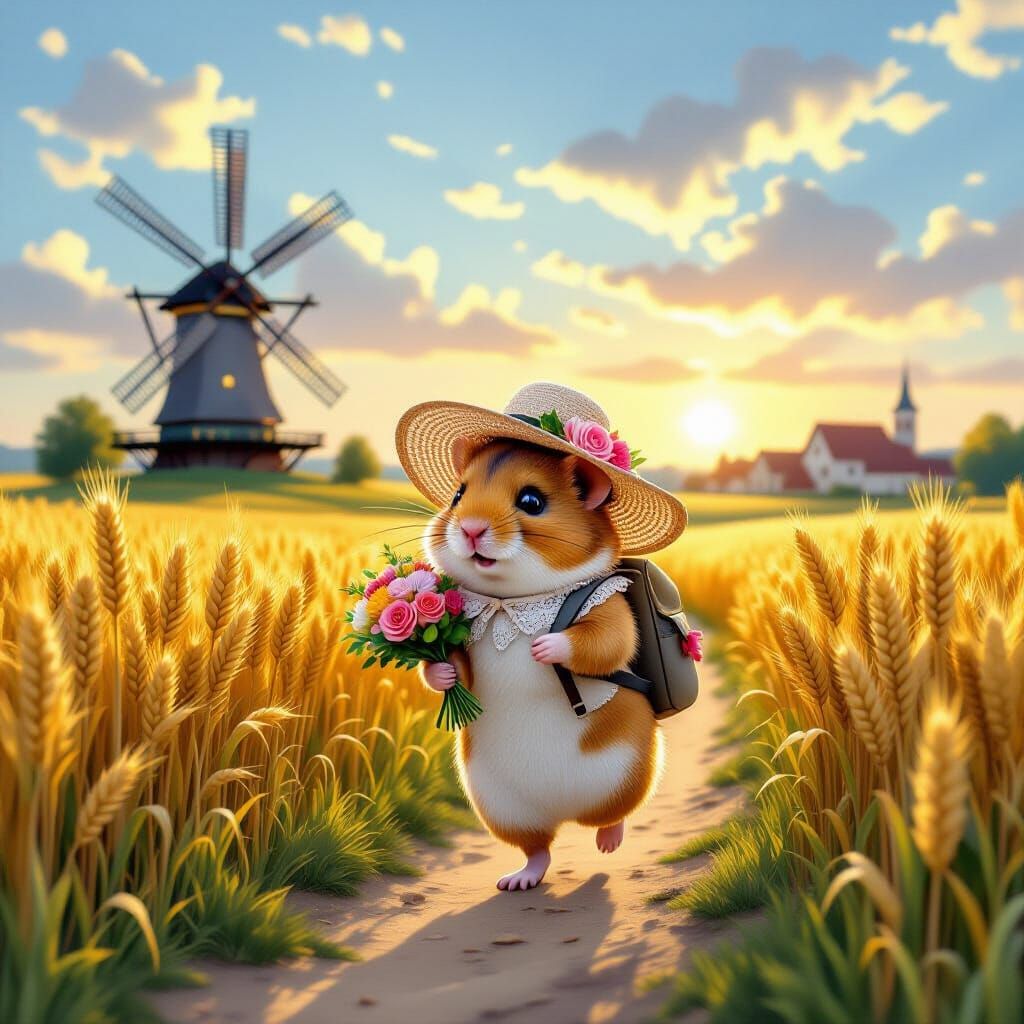 Hamster's Journey Home in Pointillist Sunrise