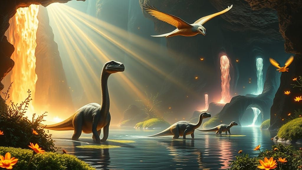 Radiant Dinosaur Family in an Ethereal Space-Sun Cavern
