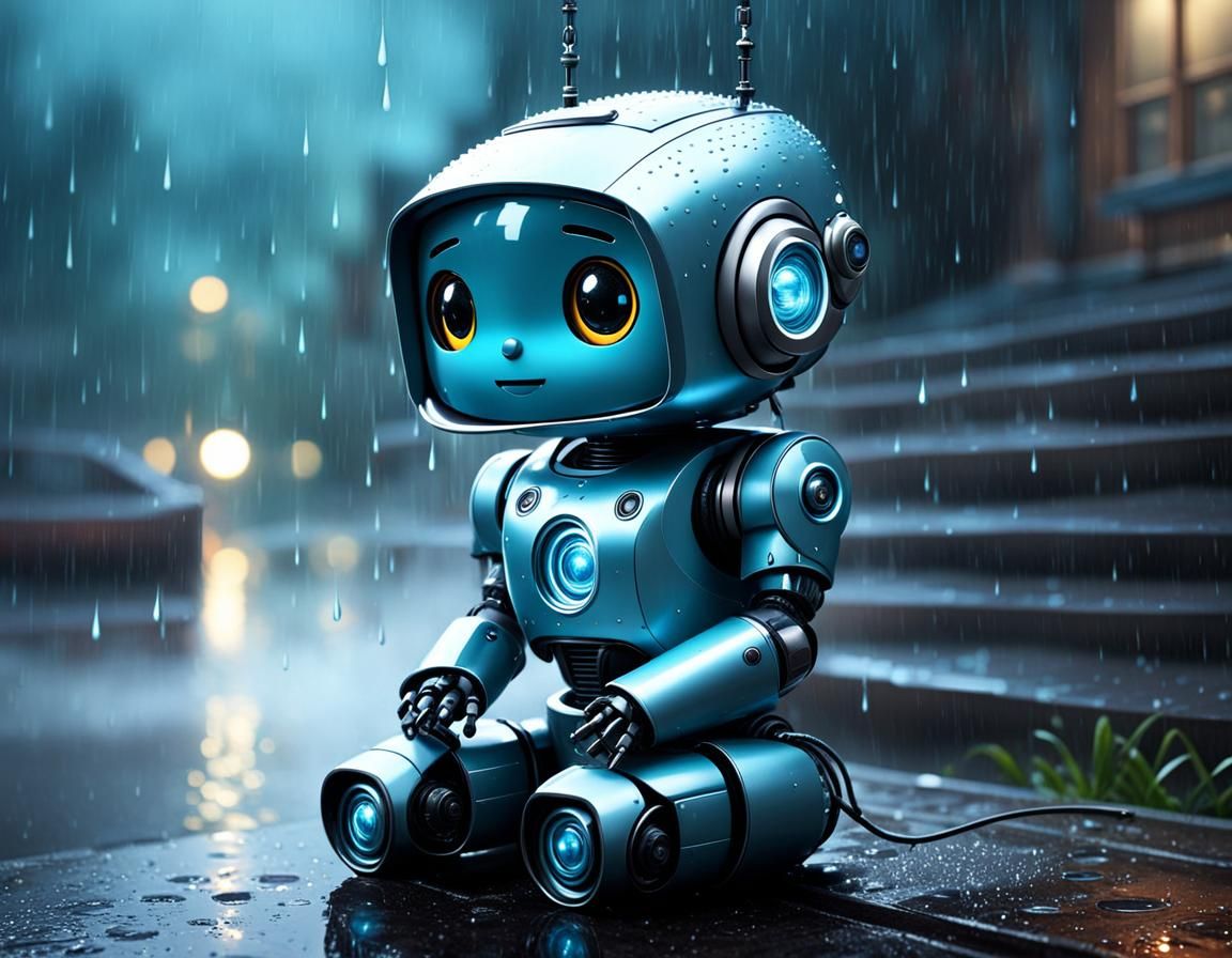 Robot in Rain: Cute Digital Art