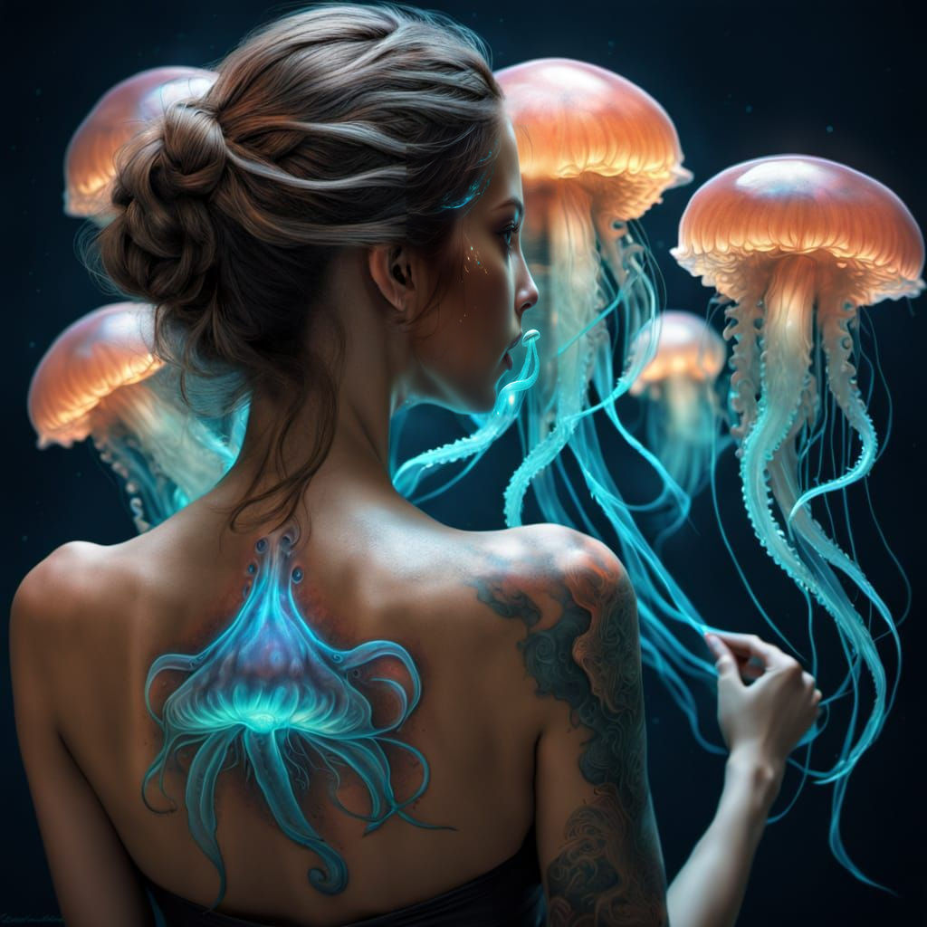 Bioluminescent Tattoo: Hyperrealistic Woman with Glowing Jel...