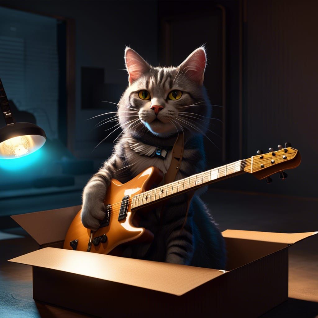 Cat Plays Guitar in Box: 3D Digital Art