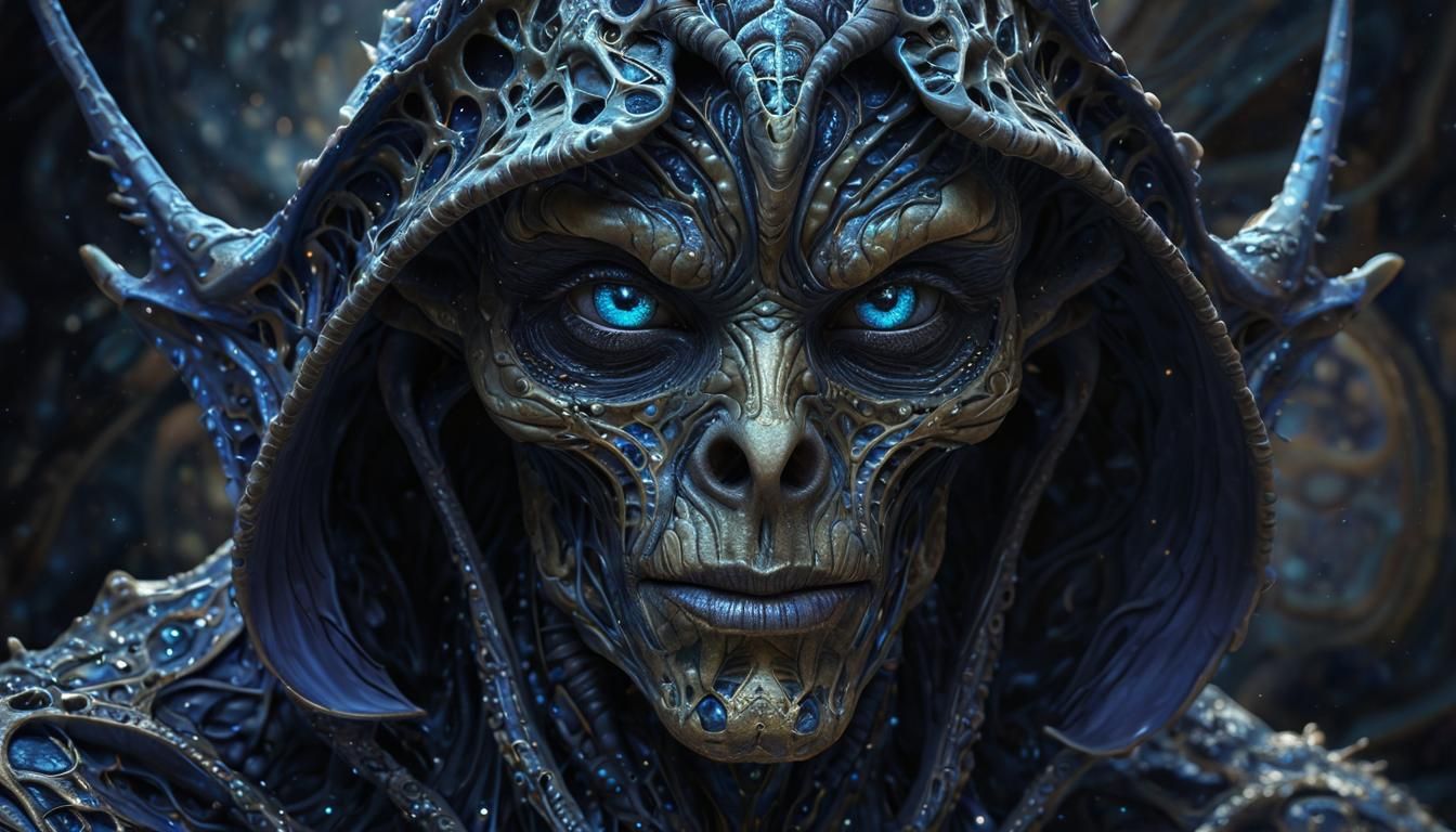 Insectoid alien with highly detailed enormous blue irises