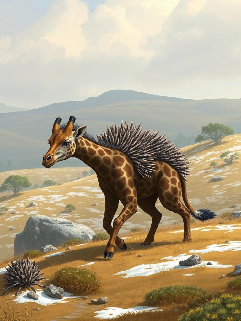 Giraffe Hedgehog Hybrid Roaming Countryside: Concept Art