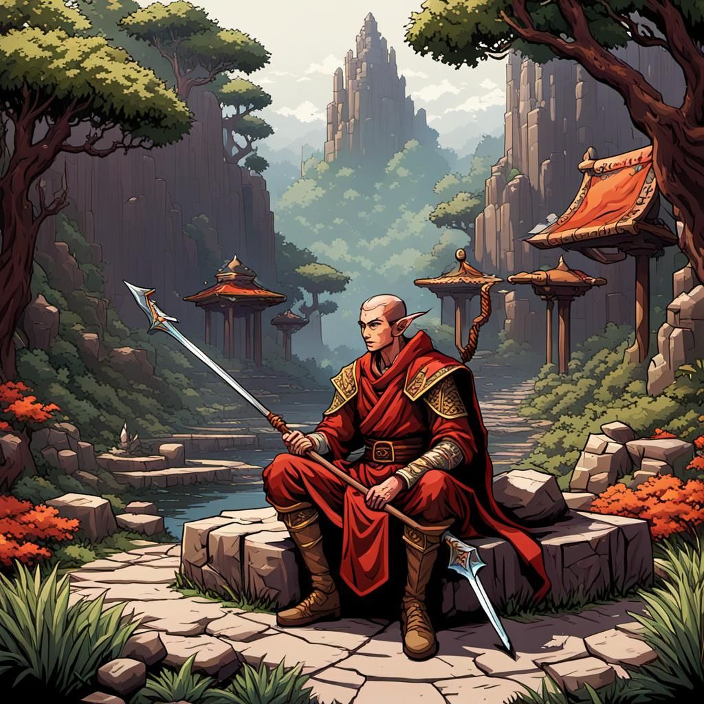 16-bit Elf Monk Meditating in Rock Garden