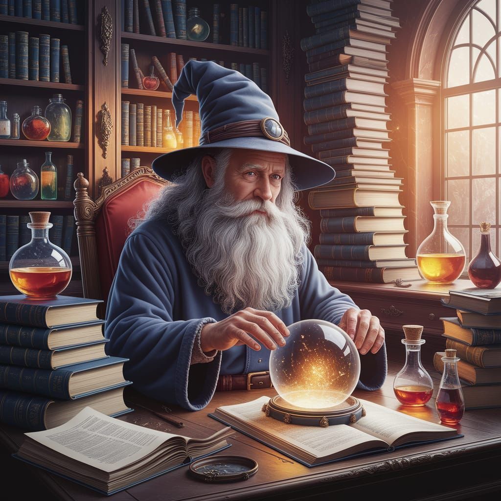 Wizard in Study with Glowing Orb