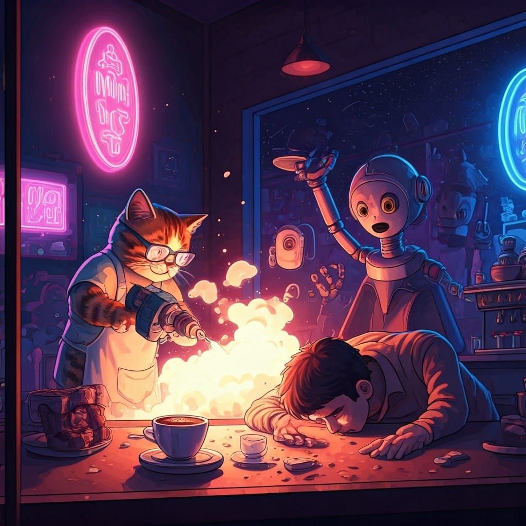 Whimsical Night Café Mayhem in Retro-Futuristic Style