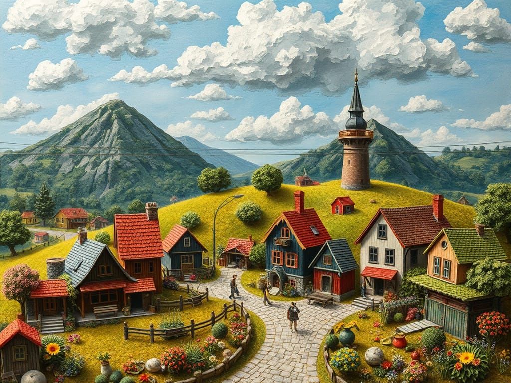 Vibrant Miniature Village in Whimsical Hyperdetailed Style
