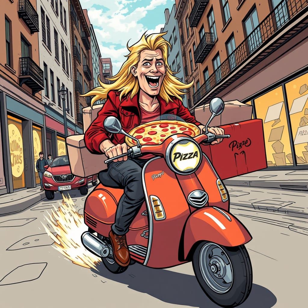 Crazy Pizza Man on Scooter in Comic Book Art