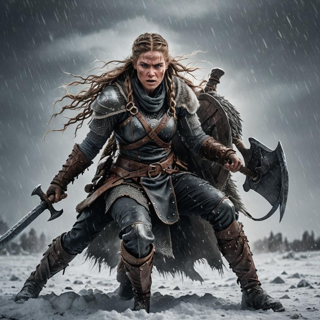 Fierce Viking Warrior Woman in Snowstorm, Dark Fantasy